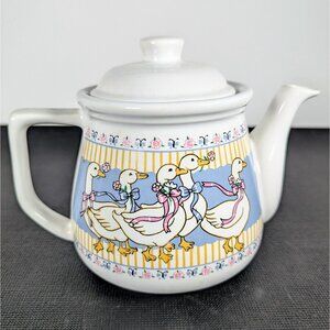 Ribbon Geese B&D Tea Pot Lid Farmhouse Country Animals Yellow Stripes Floral